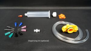 Dispense kit with nozzles, syringe, plunger (piston), back and front caps for the syringe and syringe adapter with pipe for Slurp'nPick+ and Pick+ stations